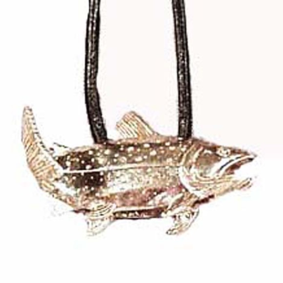 SILVER LIFE-SIZE MINNOW NECKLACE, STERLING SILVER, CALF LEATHER CORD, 26 INCHES - Picture 1 of 2